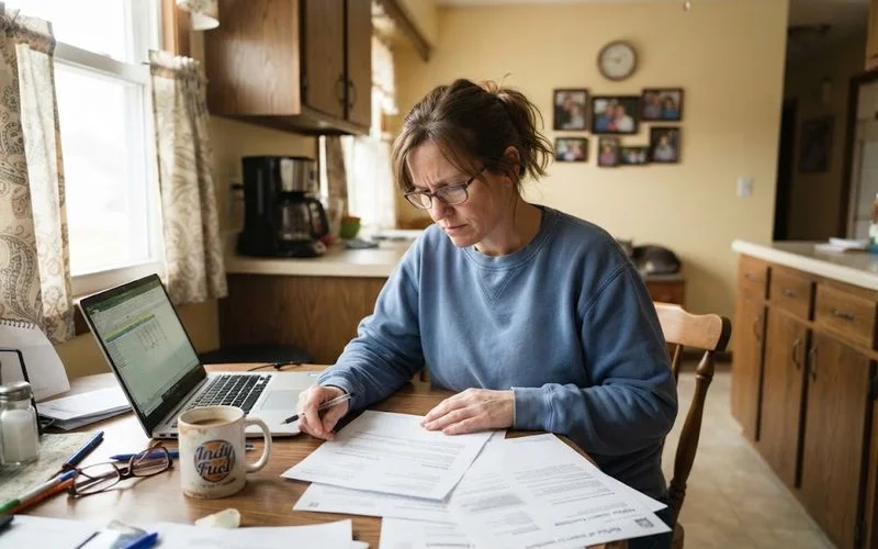 A homeowner reviewing foreclosure court paperwork at a kitchen table with a laptop nearby
